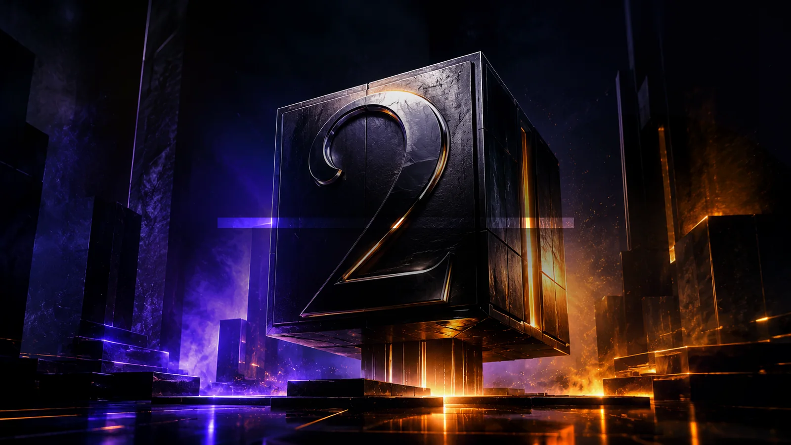 Cinematic 2BlockMedia cube in violet and orange light