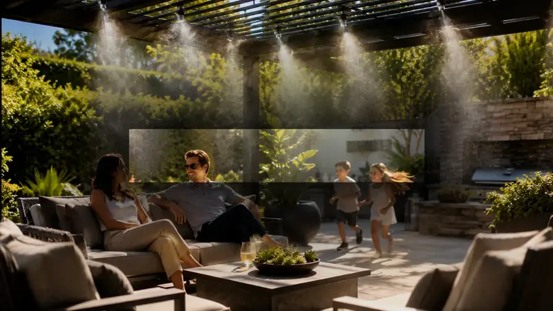 Family enjoying a cooled outdoor patio beneath a premium misting system