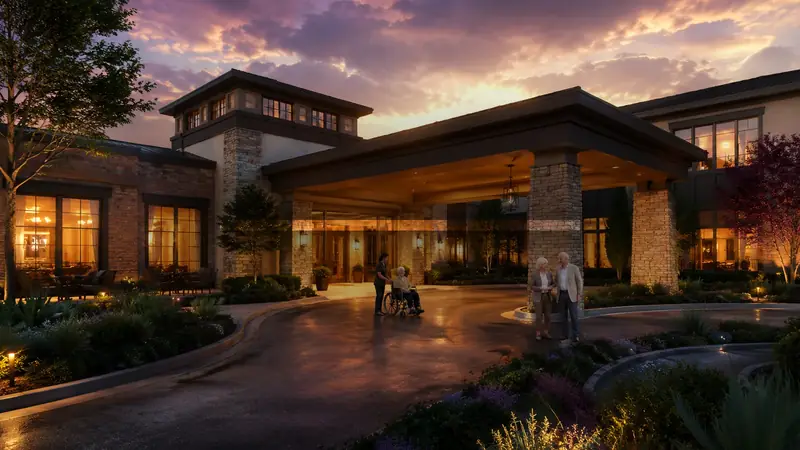 Sterling Court inspired assisted living entrance at dusk with residents and staff